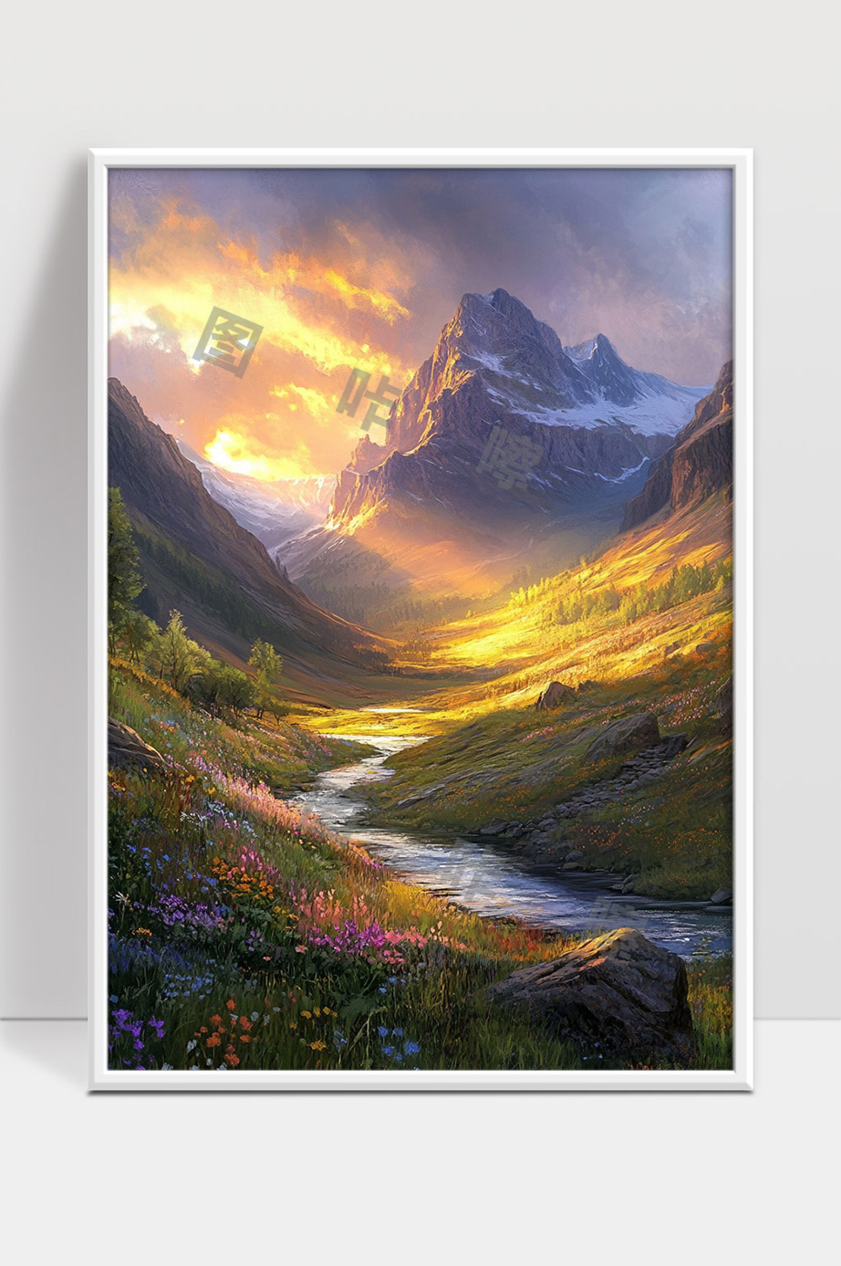 晨光照耀下的壮丽雪山与溪流花海美景