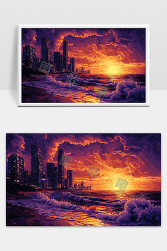 绚丽晚霞映照都市海边波浪壮美景象