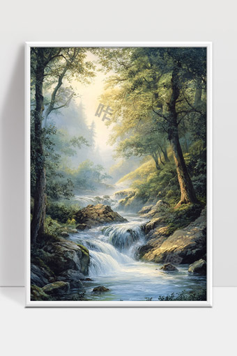 清晨森林溪流阳光洒落自然风光美景