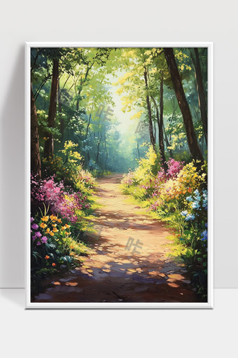 宁静森林小径春日花丛自然风光美景