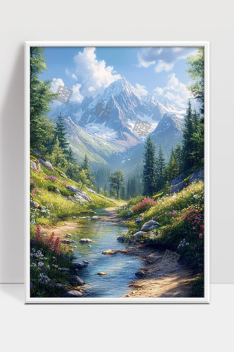 幽静山谷溪流春日美景雪山环抱花海点缀自然风光