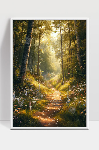 阳光洒落林间小径野花盛开的清晨森林景象