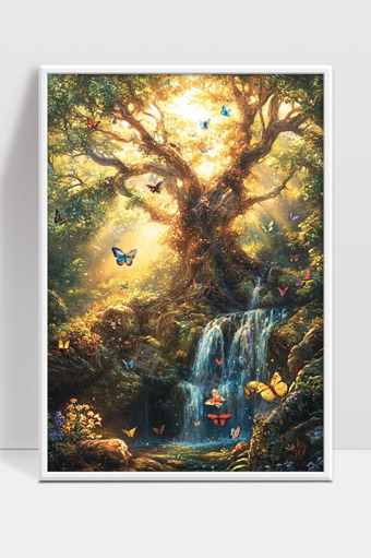神秘森林中的瀑布与五彩斑斓的蝴蝶共舞奇幻景象
