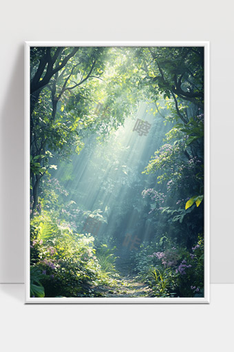 阳光穿透森林绿荫花海宁静小径美丽景色