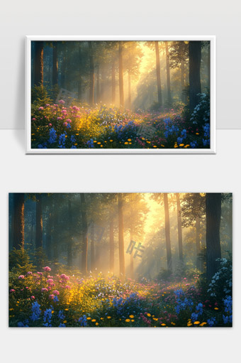 旭日阳光洒满森林花海春日清晨宁静美景