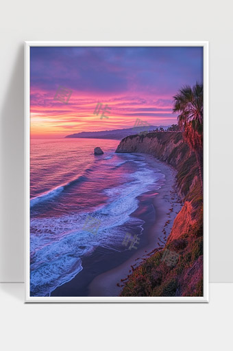 绚丽晚霞映照下的海岸悬崖与椰子树美景