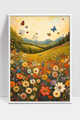 春日山谷花海蝴蝶翩翩自然风光美丽风景画