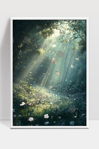 森林光影中的蝴蝶舞动花海宁静美景