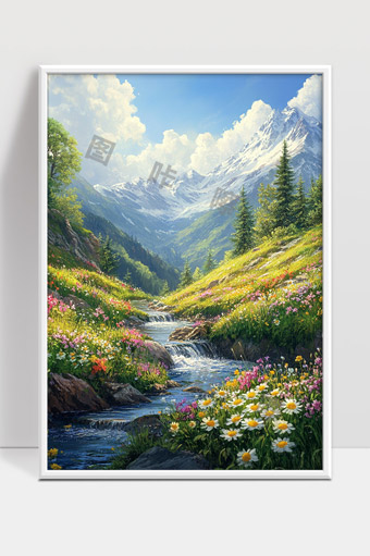 春日山谷溪流花海雪山风光