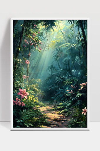 阳光穿透热带雨林秘境繁花盛开神秘小径