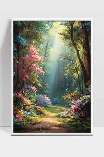 阳光穿透森林花海中宁静秘境小径