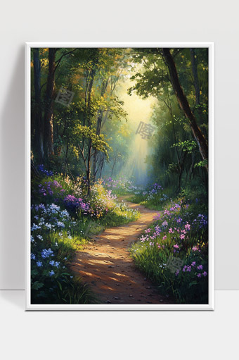 阳光穿透森林小径花草芬芳自然景色