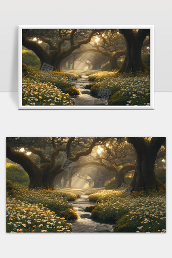 通透晨光下幽静森林溪流与野花美景