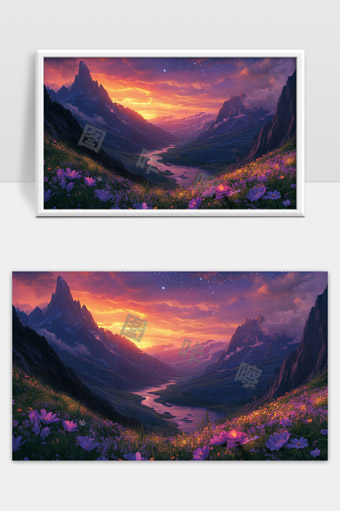 星空下壮丽山谷中的花海与溪流日落景象