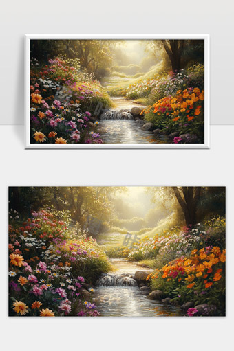 晨光照耀下的森林溪流与五彩斑斓的花海