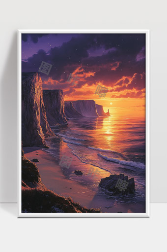 绚丽晚霞映照海岸悬崖宁静壮美风光