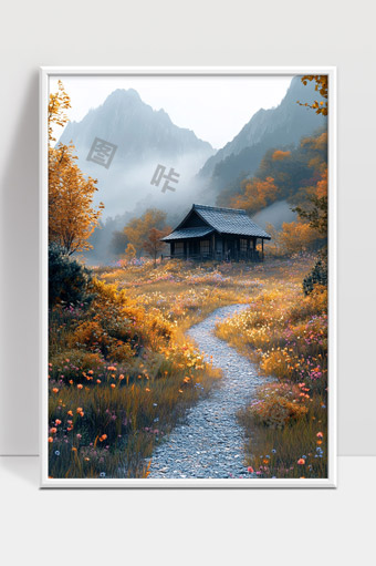 秋日山间小屋花海蜿蜒小径宁静自然风光