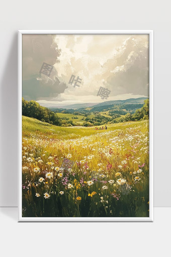 阳光洒落下的乡村四季野花与远山田野风光