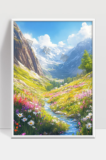 绚丽山谷春日花海溪流与雪山美景