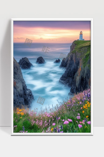 海岸悬崖上的灯塔与绚丽花海美丽日落景色