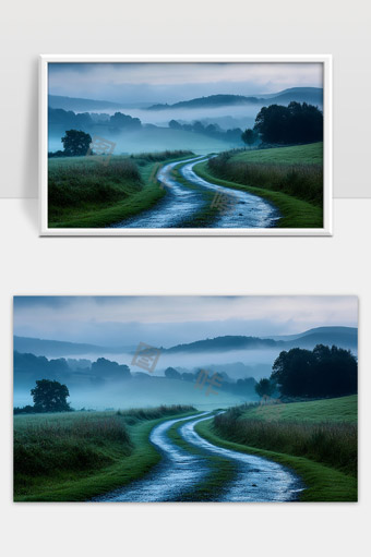 晨雾中蜿蜒乡村小径宁静清幽自然风光