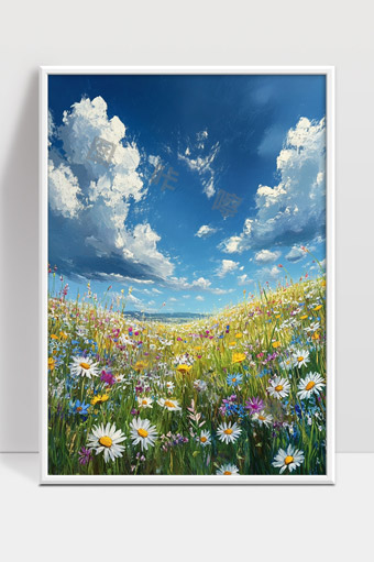 蓝天白云下盛开的五彩花海美丽田园风光