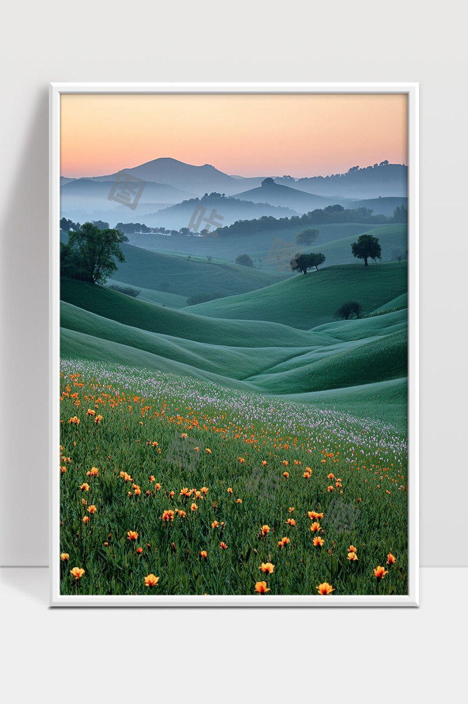 晨曦下青翠起伏山丘与盛开野花美景