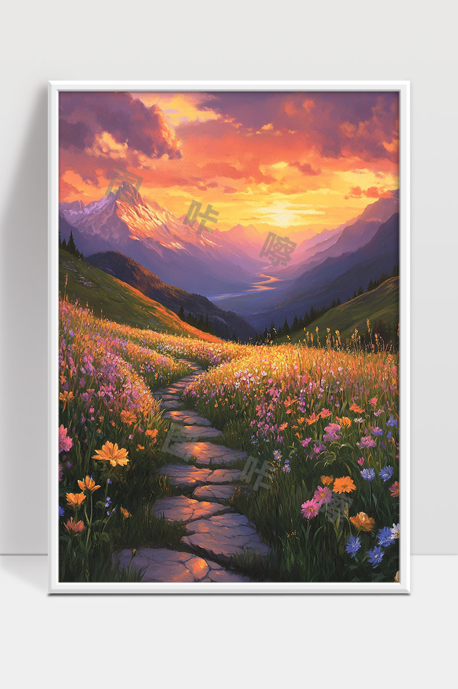 夕阳映照下绚丽山谷花海与蜿蜒小径景色