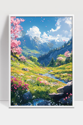 春日山谷溪流花海雪山风光唯美自然景色