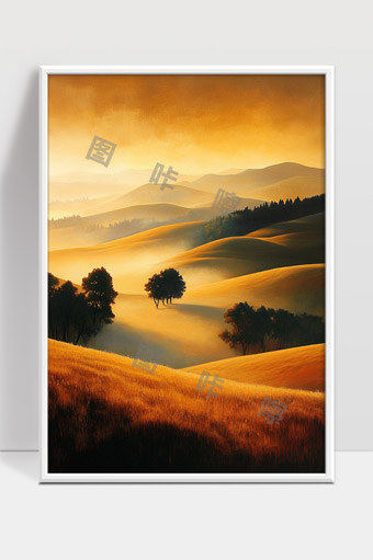 金色晨曦中的宁静起伏山丘风光美景