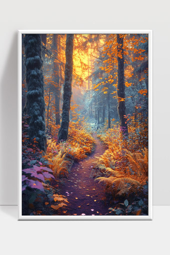 秋日森林小径金色阳光穿透树叶的美景