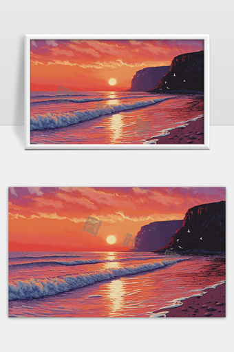 绚丽晚霞映照宁静海岸波浪拍打悬崖美景