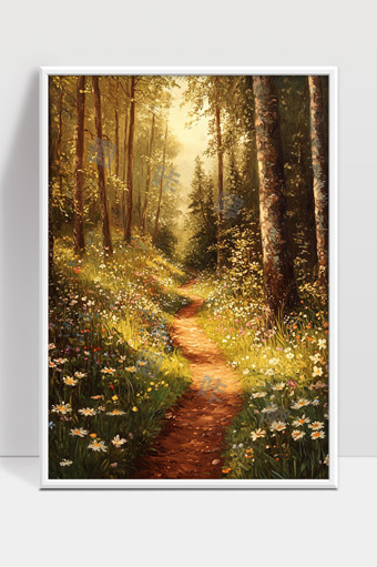 阳光穿透森林小径野花盛开暖意盎然的春日景象