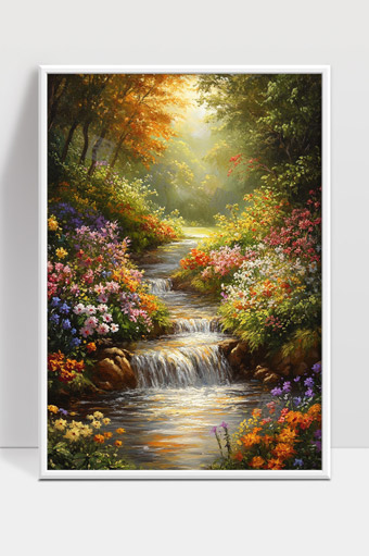 宁静山间溪流环绕五彩缤纷的花海美景