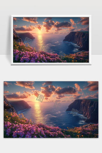 夕阳下壮美海岸悬崖花海自然风光唯美景色