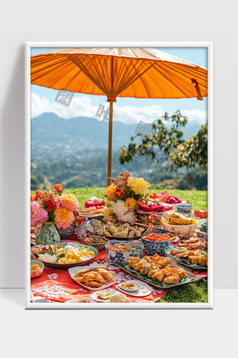 户外美景下丰富多样的传统风味美食摆盘