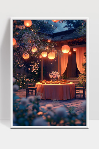 中秋节灯笼花园月饼团圆温馨夜景