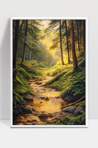 宁静森林溪流晨光洒落自然美景