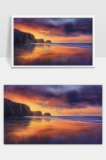 绚丽晚霞映照海岸悬崖海面宁静风光