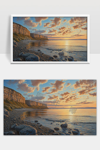 宁静海岸夕阳映照下的壮美悬崖与水石风光