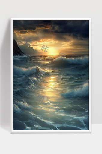 夕阳映照下的波澜壮阔海洋与远山景色