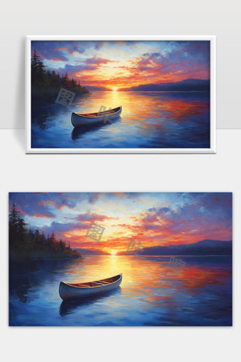 夕阳映照下宁静湖面上的独木舟美景