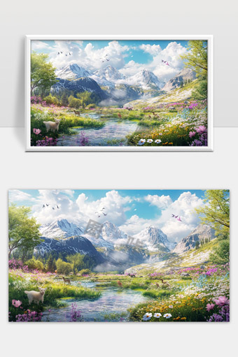 雪山花海春日溪流自然风光唯美景色