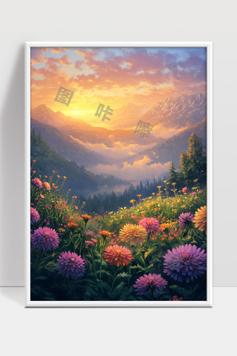 晨光映照山谷盛开花海风光美丽自然景色