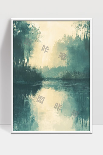 晨雾笼罩下幽静的湖边森林自然风光画面