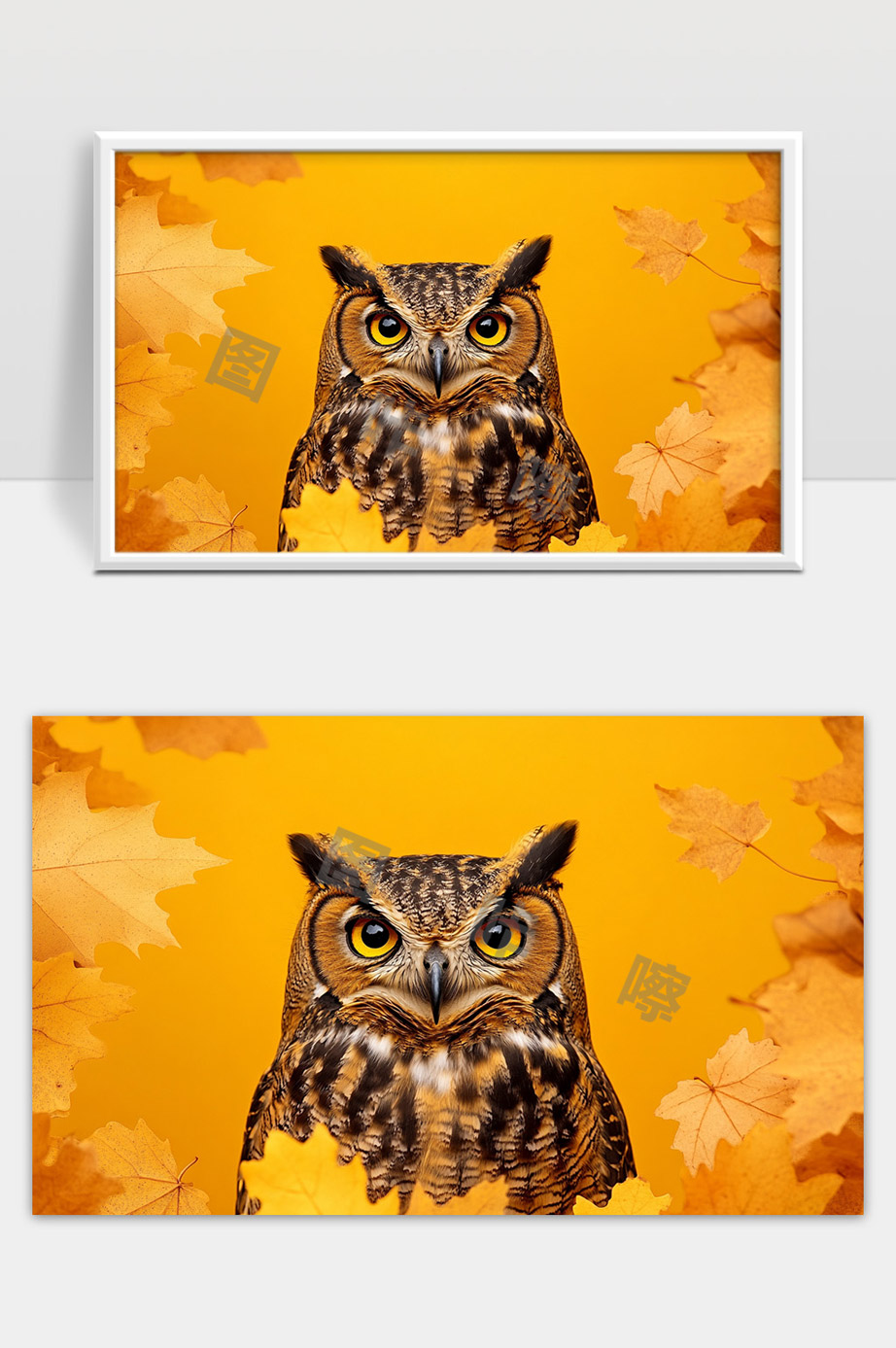 猛禽类猫头鹰与秋天黄色枫叶的唯美特写