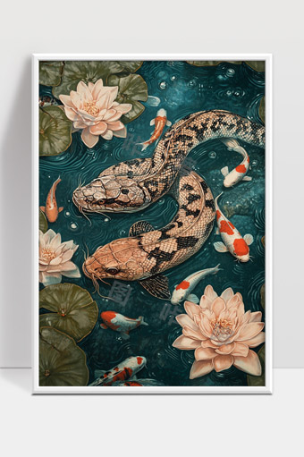水中巨蛇与锦鲤莲花共舞的自然画卷静谧之美