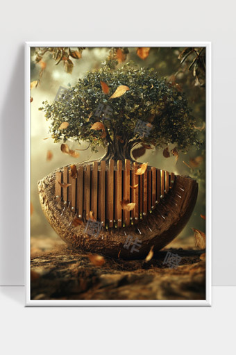 秋天落叶与树形木制音乐盒唯美意境