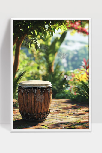 森林中阳光照耀下的木质非洲鼓梦幻景象