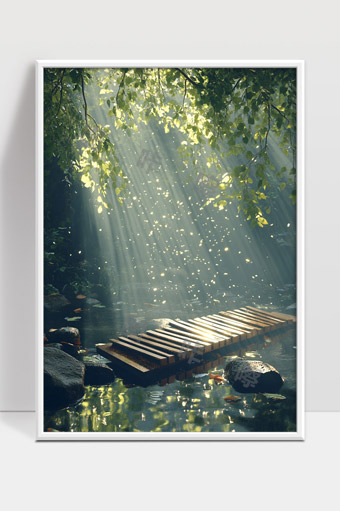 森林晨光洒落静谧溪流木桥自然风光